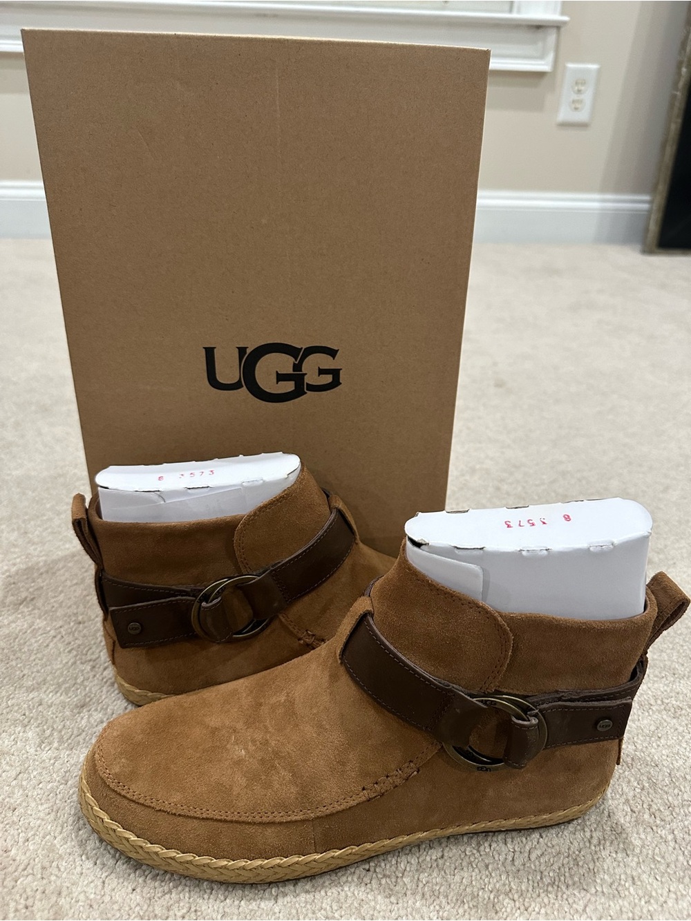 UGG Women’s Sloane Buckle Chestnut Suede Ankle Boots with Leather Strap